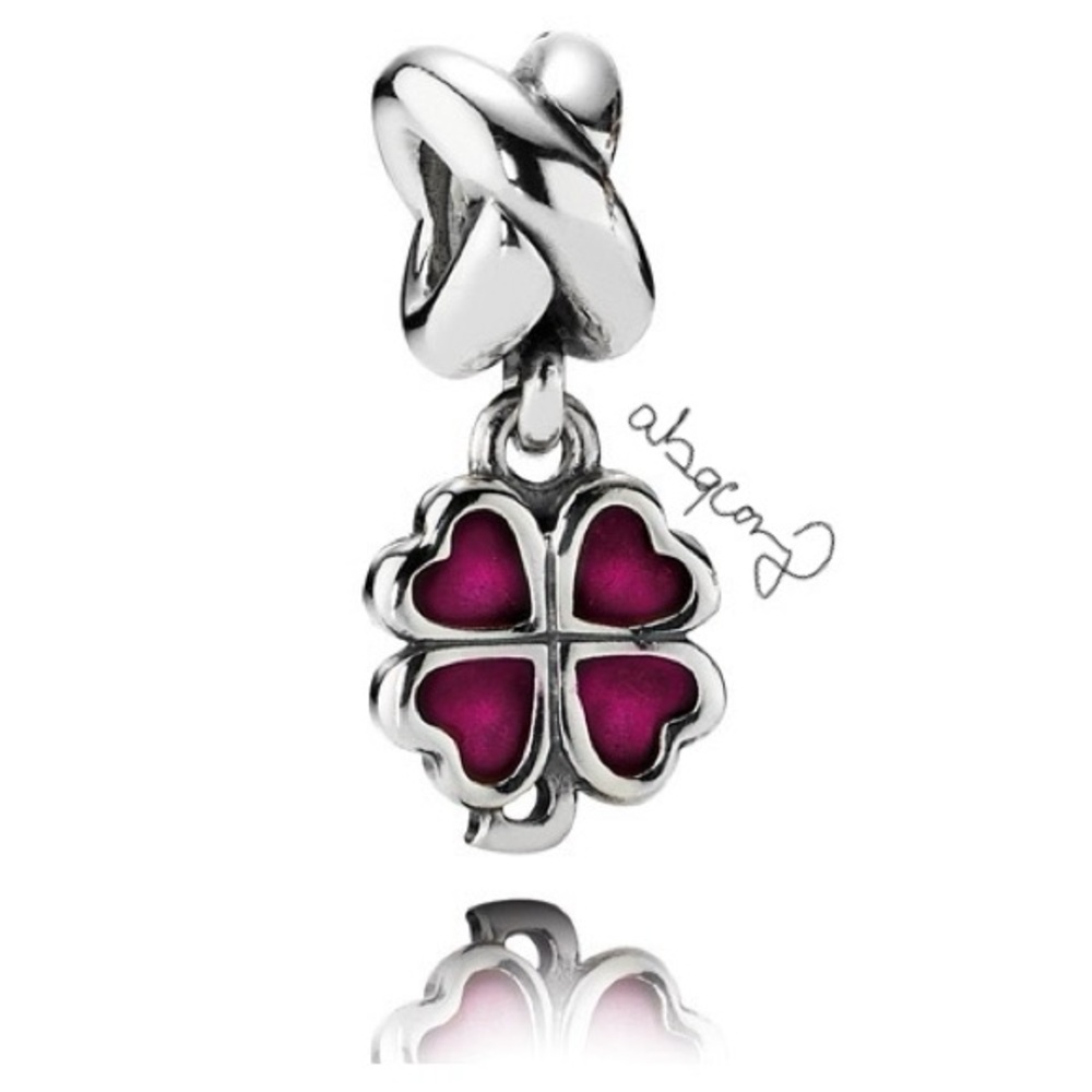 EUC Pandora 790572EN07 Sterling Silver Pink Enamel Four Leaf Clover Dangle Bead